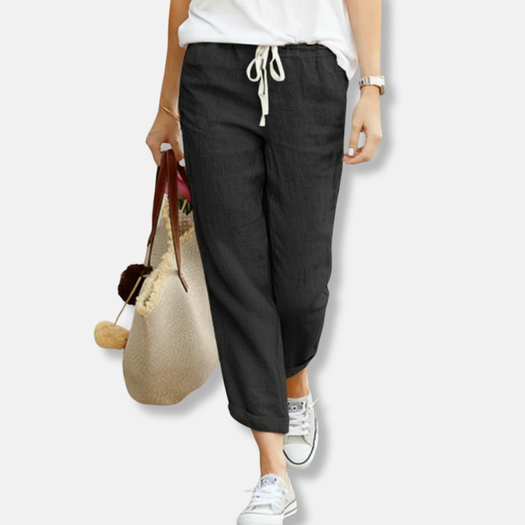 Women’s Trousers – Linen Blend – Relaxed Fit – Drawstring Waist – Full Length