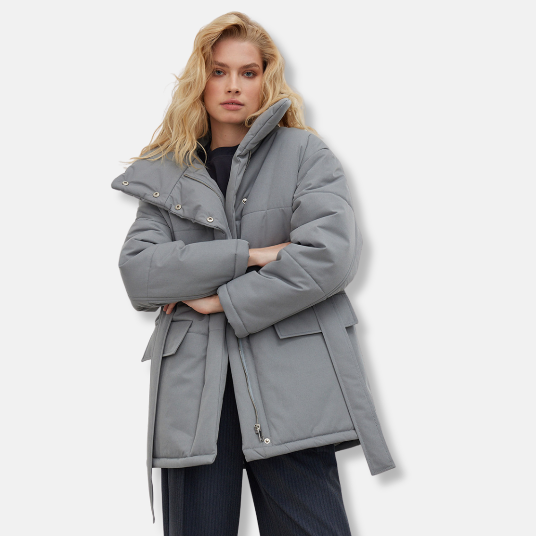 Women’s Padded Jacket - Woven - Oversized Relaxed Fit - High Stand Collar - Belted Waist