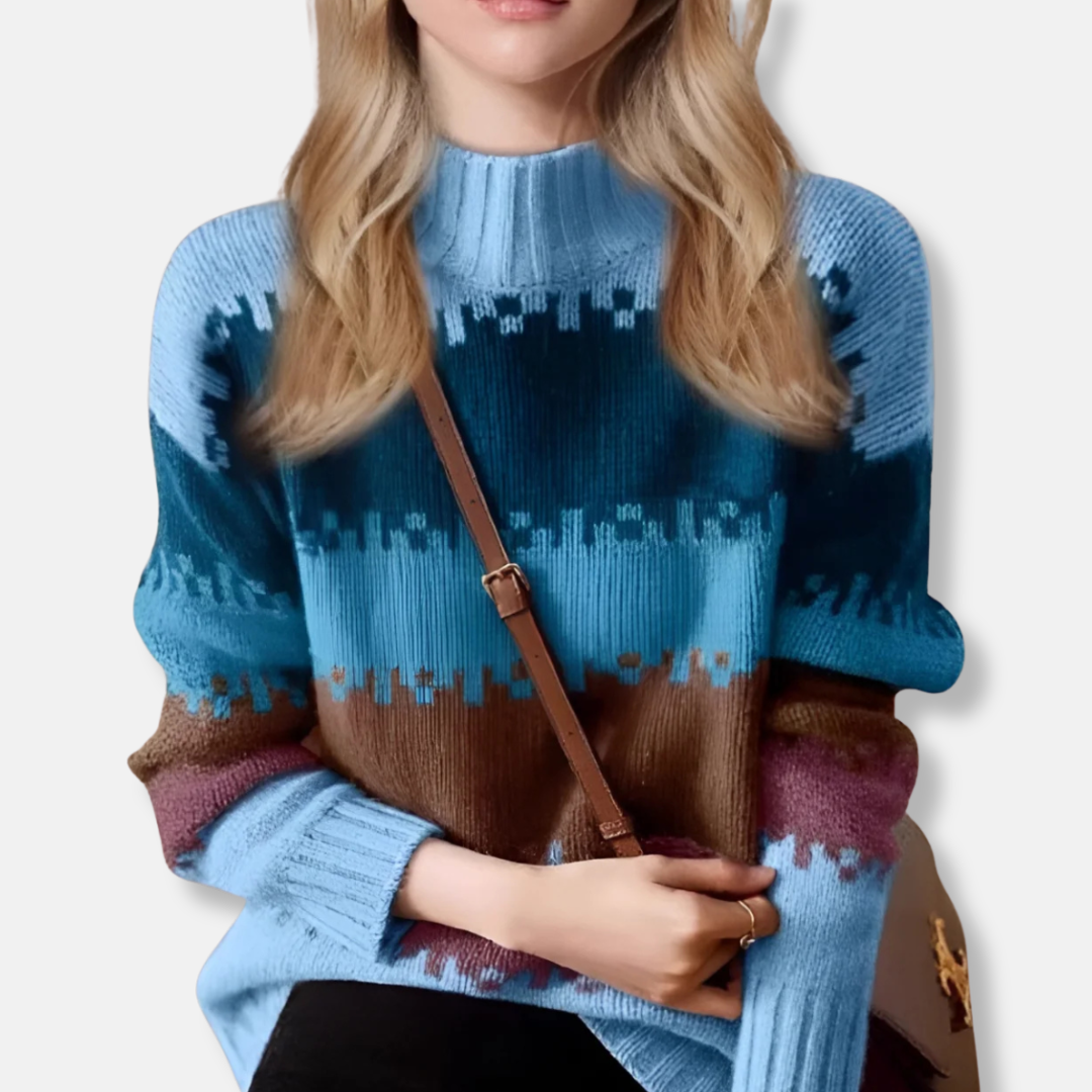 Isla Relaxed Pullover Sweater | Half Turtleneck Geometric Pattern Sweater