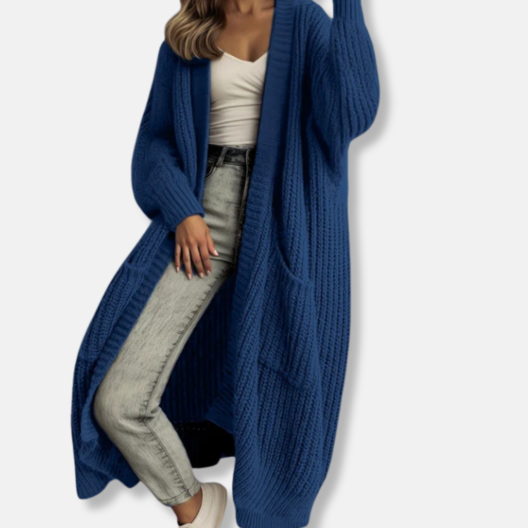 Women’s Long Knit Cardigan – Oversized Fit – Chunky Ribbed – Open Front with Pockets