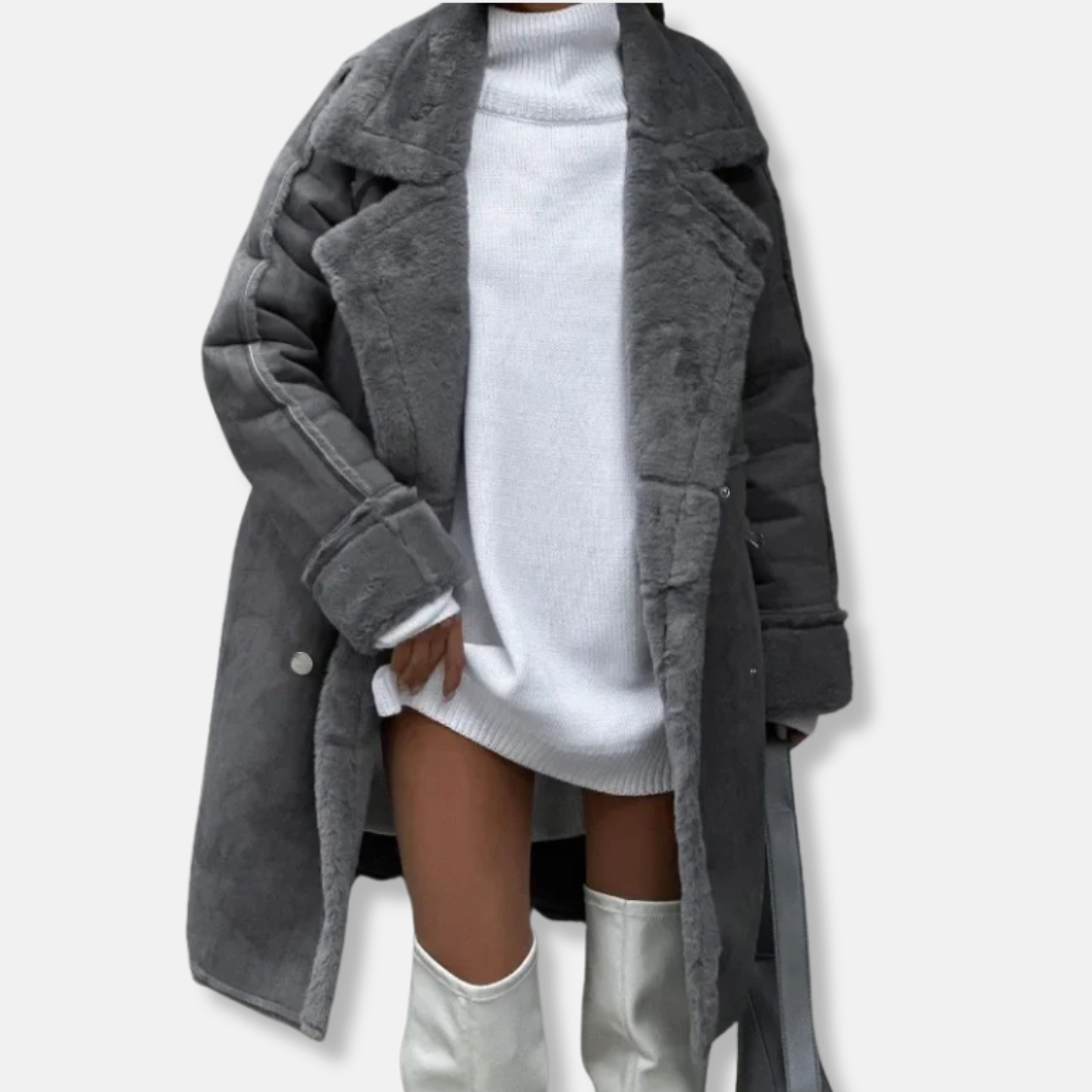 Sienna Suede Double-Breasted Shearling Coat | Wide Lapels Knee-Length Coat