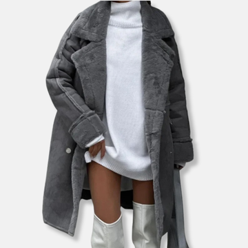 Sienna Suede Double-Breasted Shearling Coat | Wide Lapels Knee-Length Coat