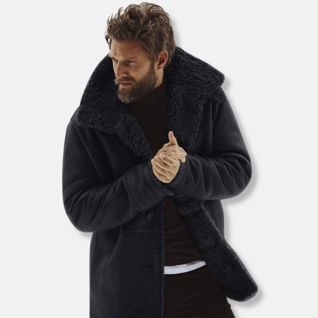 Men’s Winter Coat – Relaxed Fit – Shearling Lined Collar – Mid-Thigh – Button Front