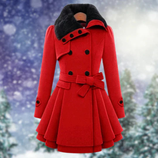 Women's flared coat with faux fur collar