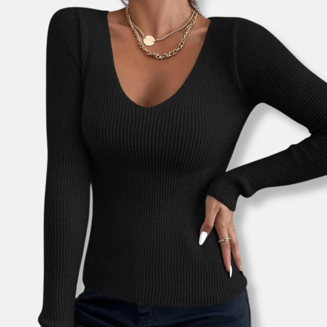 Amelia Slim Fit Ribbed Knit Top | Deep V-Neck Long Sleeve Top