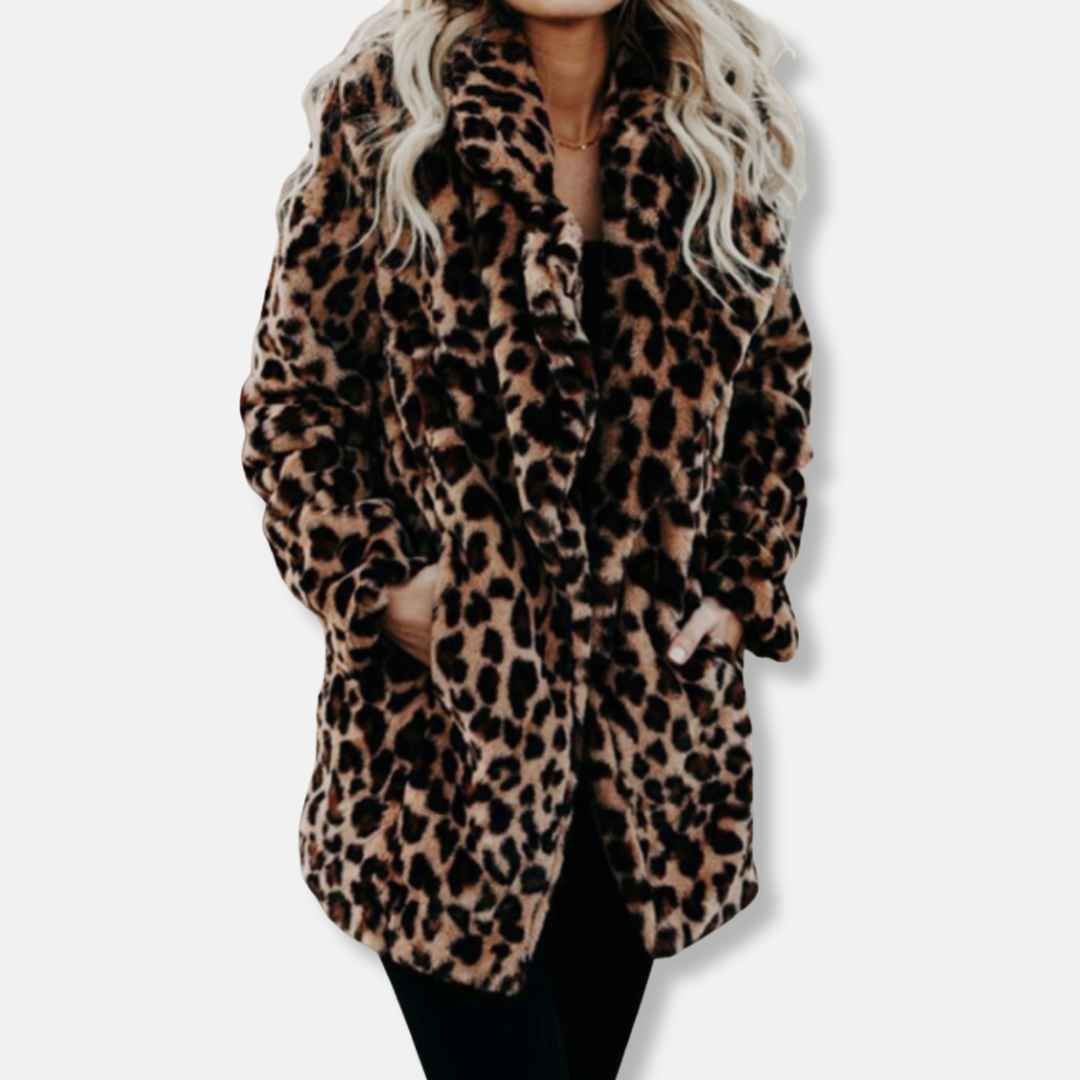 Isabella Fleece Leopard Print Coat | Collared Relaxed Fit Coat