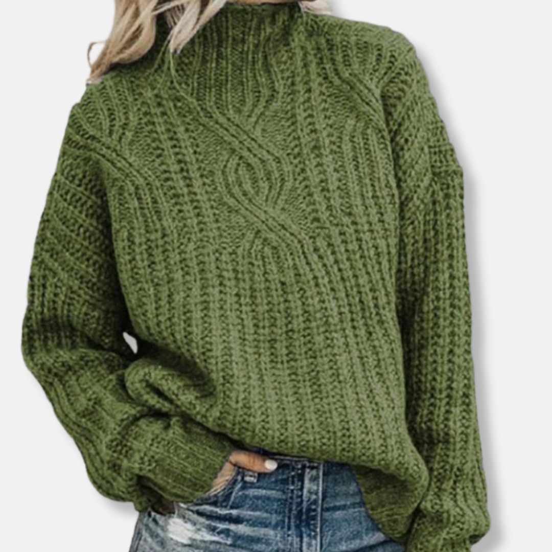 Isla Oversized Turtleneck Sweater | Cable Knit Ribbed Trim Sweater