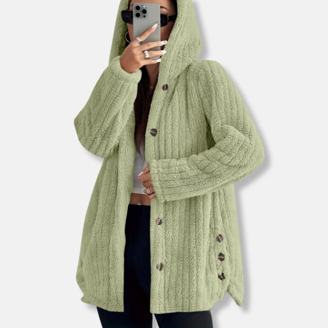 Women’s Plush Coat – Hooded – Loose Fit – Mid Length – Button Front – Soft Texture