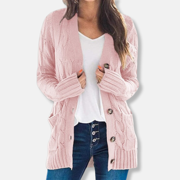 Women’s Cardigan Sweater – Chunky Cable Knit – Relaxed Fit – Button Front – Mid-Length