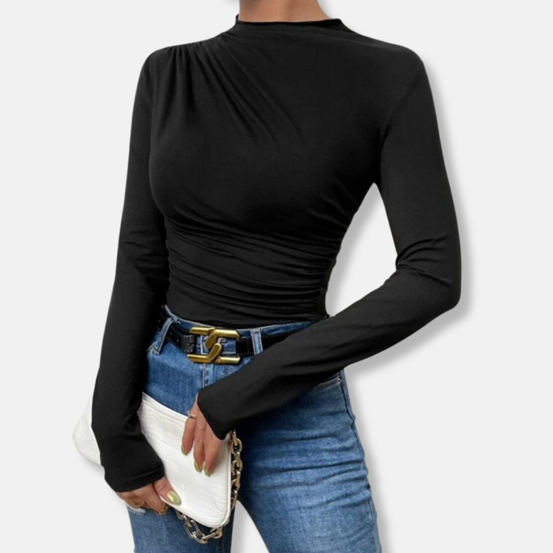 Amelia Cotton Draped Shirt | Asymmetric Ruched Long Sleeve Top