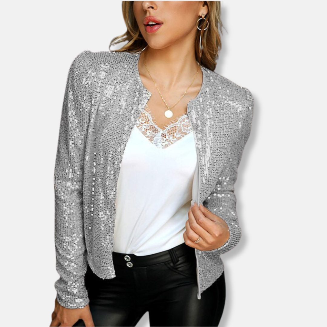 Scarlett Sequin Jacket | Cropped Collarless Sequin Jacket