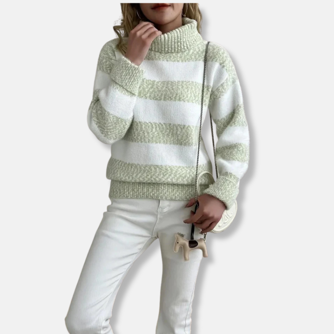 Women’s Pullover Sweatshirt – Plush Knit – Loose Fit – Ribbed Turtleneck – Striped Texture