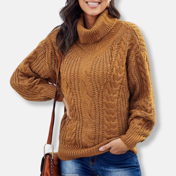 Women’s Pullover Sweatshirt – Oversized Fit – Chunky Cable Knit – Ribbed Turtleneck