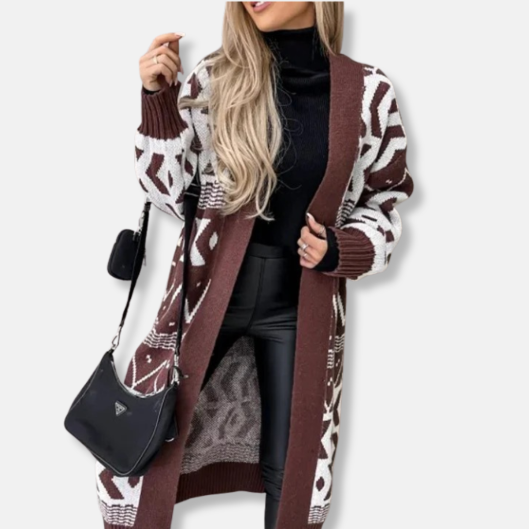 Women’s Long Cardigan – Loose Fit – Jacquard Knit – Geometric Pattern – Open Front