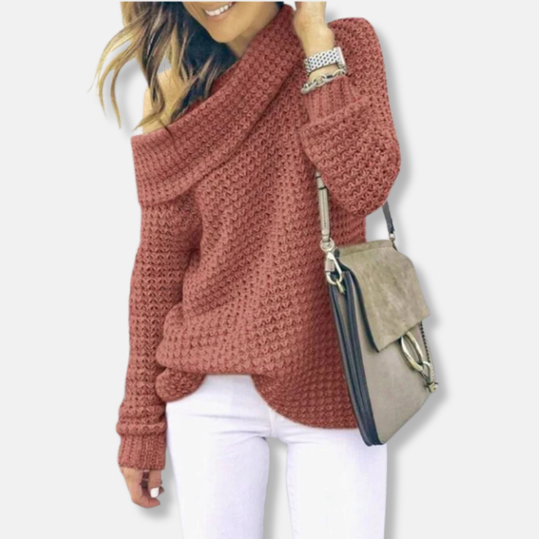 Women’s Oversized Sweatshirt – Chunky Knit Texture – Off-Shoulder Draped Neckline