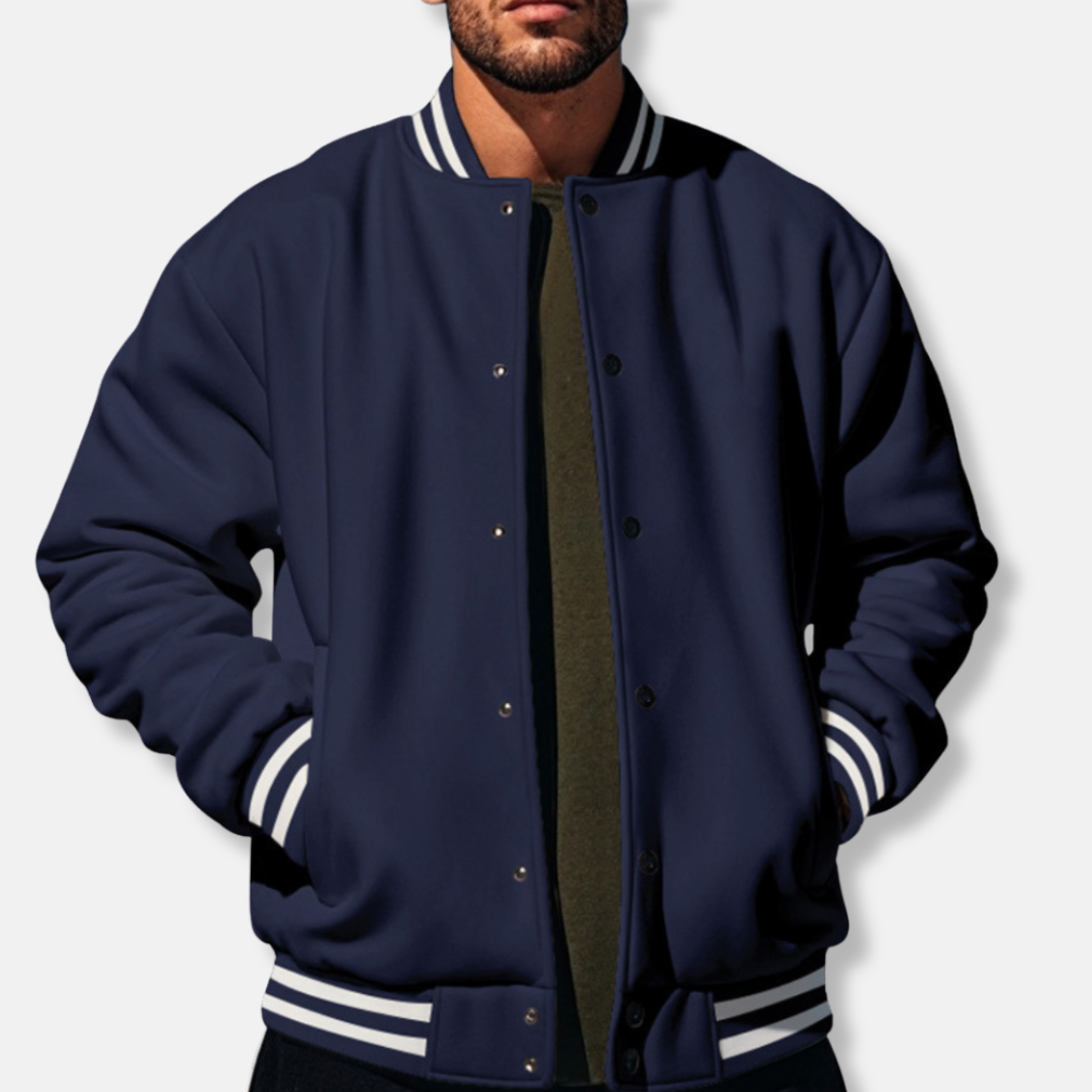 Oscar Fleece Relaxed Fit Varsity Jacket | Stand Collar Ribbed Cuffs Jacket
