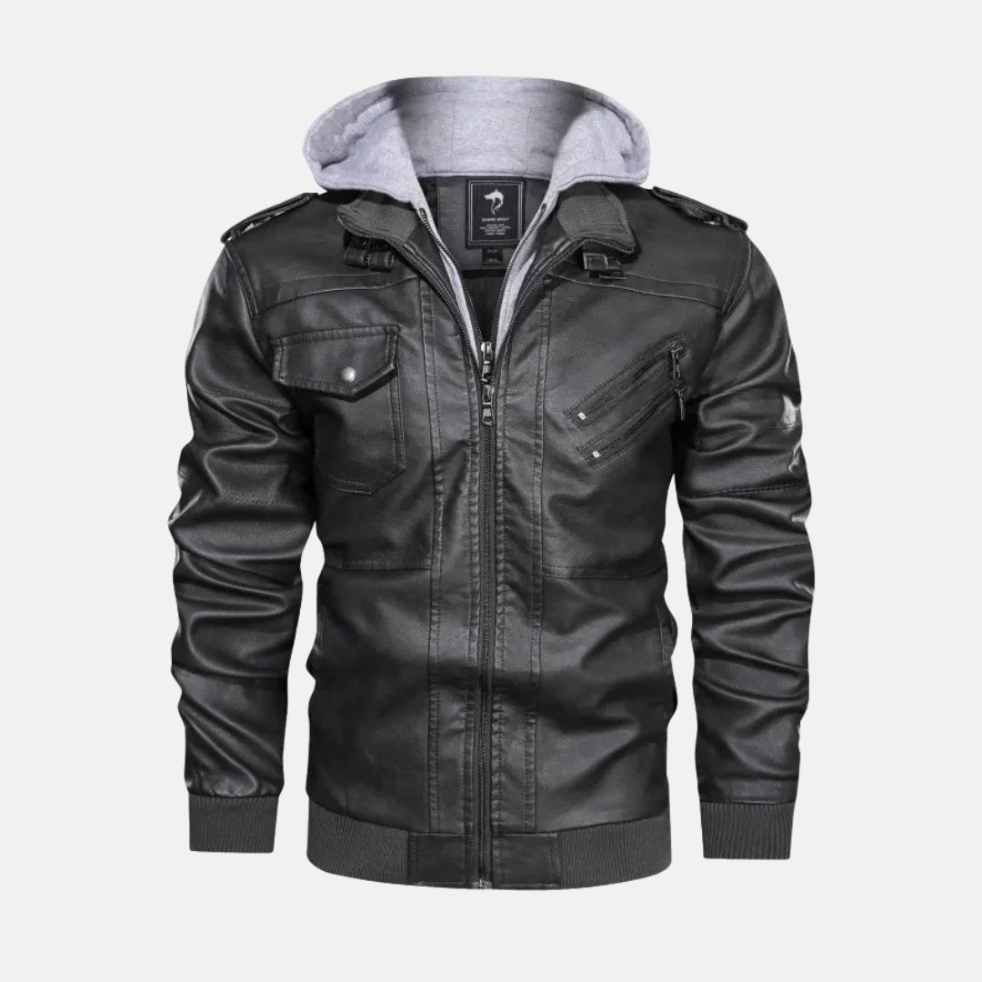 Men’s Leather Jacket – Structured Fit – Detachable Hood – Stand Collar – Zipper Closure