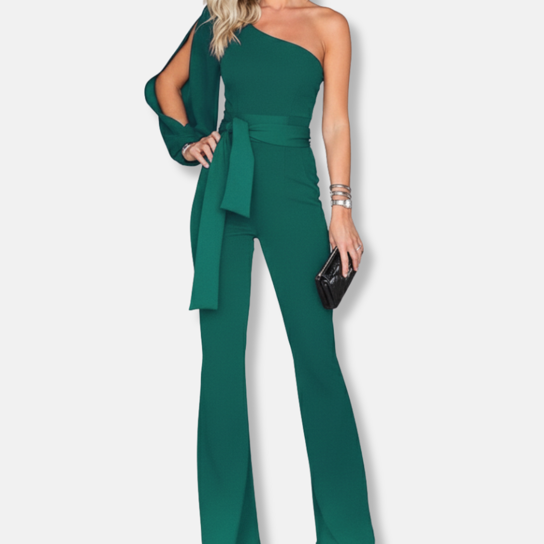 Women’s Jumpsuit – Slim Fit – One Shoulder – Belted Waist – Flared Leg – Full Length