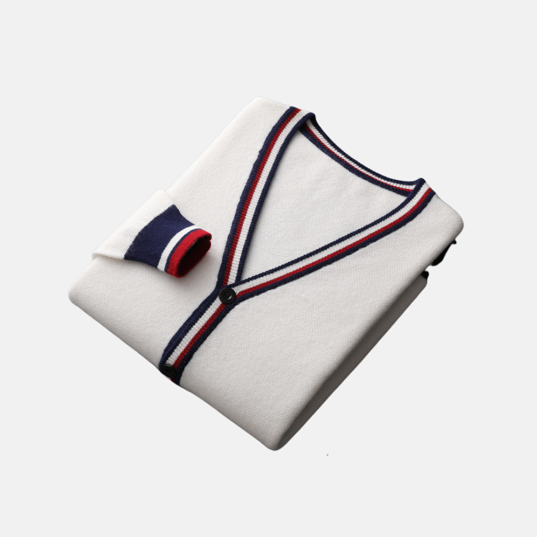 Men’s Cardigan - Knit - V-Neck - Hip Length - Long Sleeve - Solid With Striped Trim