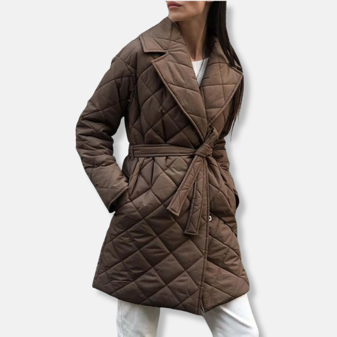Women’s Quilted Coat – Tailored Fit – Mid-Length – Belted Waist – Notched Lapel