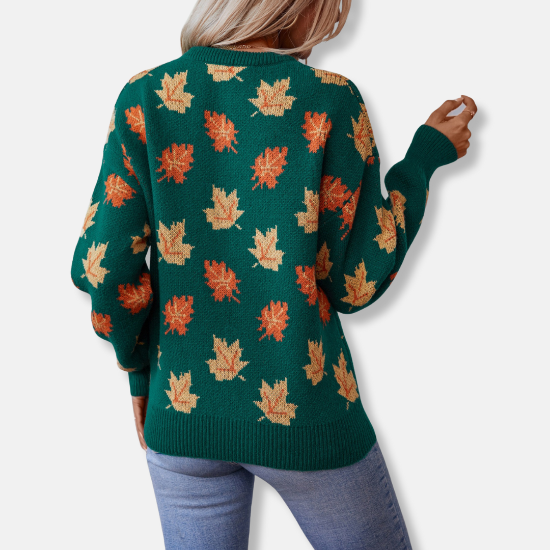 Women’s Sweatshirt - Soft Knit - Relaxed Fit - Crew Neck - Jacquard Maple Leaf Pattern