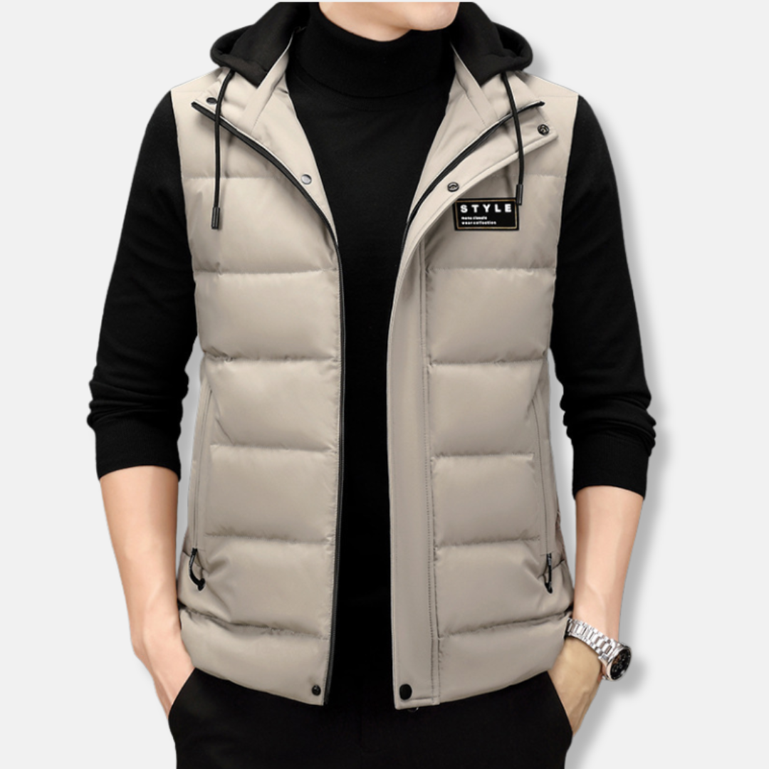 Men’s Hooded Vest – Quilted Down – Regular Fit – Sleeveless Zip Front Layer