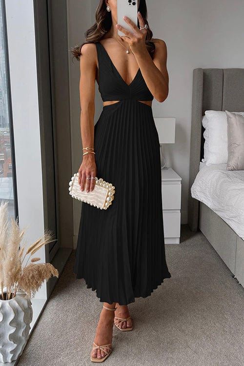 Women's Midi Dress - Deep V-Neck - Sleeveless Pleated A-Line - Elegant Formal Wear