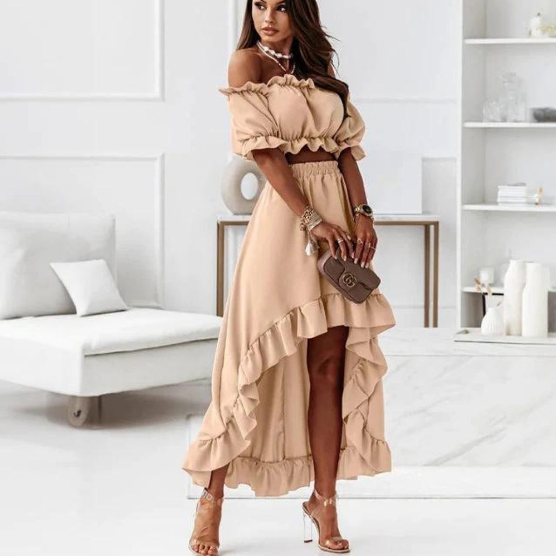 Women's Two-Piece Outfit - Off-Shoulder Ruffle Crop Top & High-Low Skirt - Elegant Fit