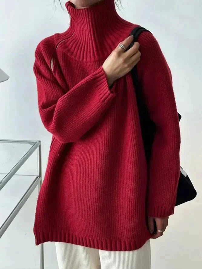 Women's turtleneck sweater with zippered side slits