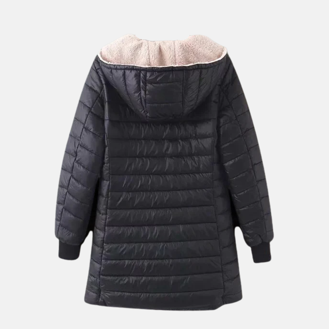 Women’s Padded Coat – Mid-Length Relaxed Fit – Fleece Lined – Hooded – Quilted Warmth