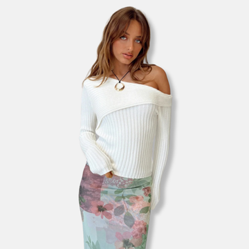 Amelia Cotton Fitted Off-Shoulder Top | Ribbed Long Sleeve Top