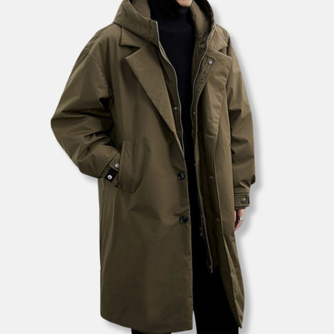 Men’s Hooded Coat – Woven Blend – Oversized Fit – Mid-Thigh Length – Button Front