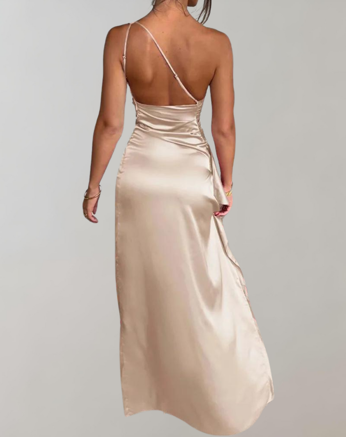 Women's Evening Gown - One-Shoulder Satin Finish - Form-Fitting with High Slit