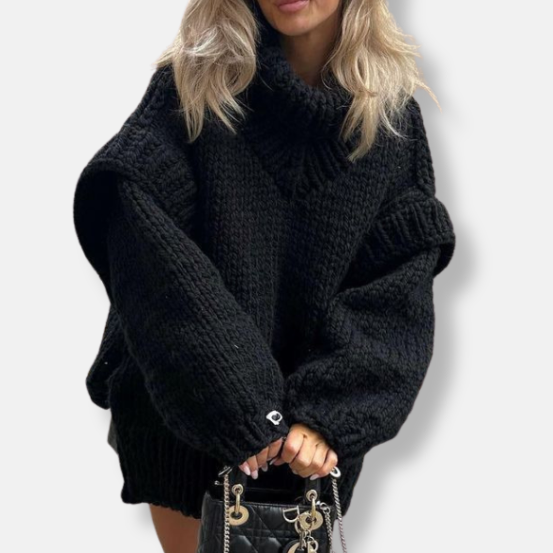 Women’s Pullover Sweatshirt – Chunky Knit – Oversized Fit – Turtleneck – Ribbed Hem