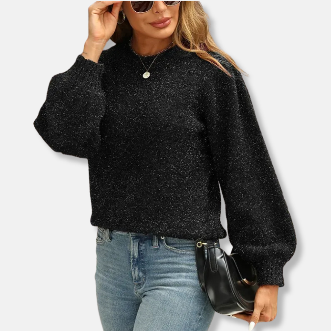 Women’s Sweatshirt – Relaxed Fit – Plush Textured Knit – Puff Sleeves – Crew Neck