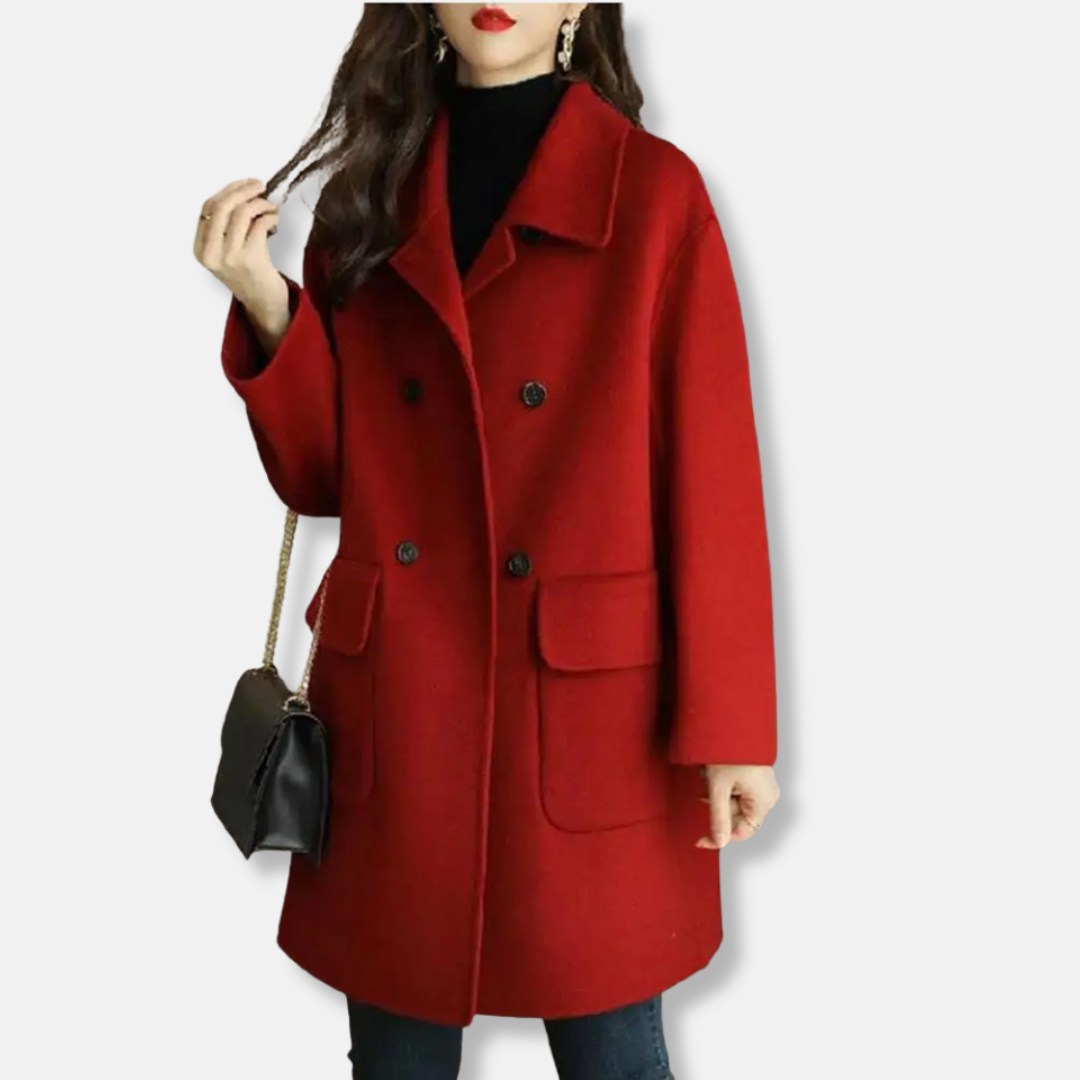 Isabella Wool Double-Breasted Long Coat | Collared Relaxed Fit Coat