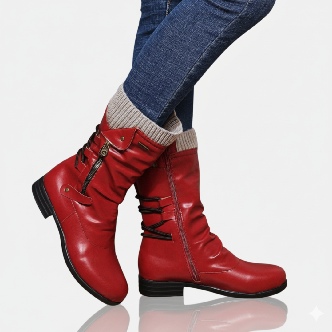 Isabella Leather Slouchy Fashion Boots | Buckle Detail Mid-Calf Boots