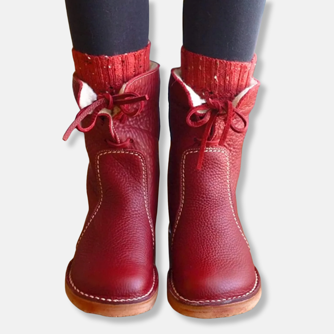 Women’s Ankle Boots - Leather - Lace-Up Front - Shearling Lining