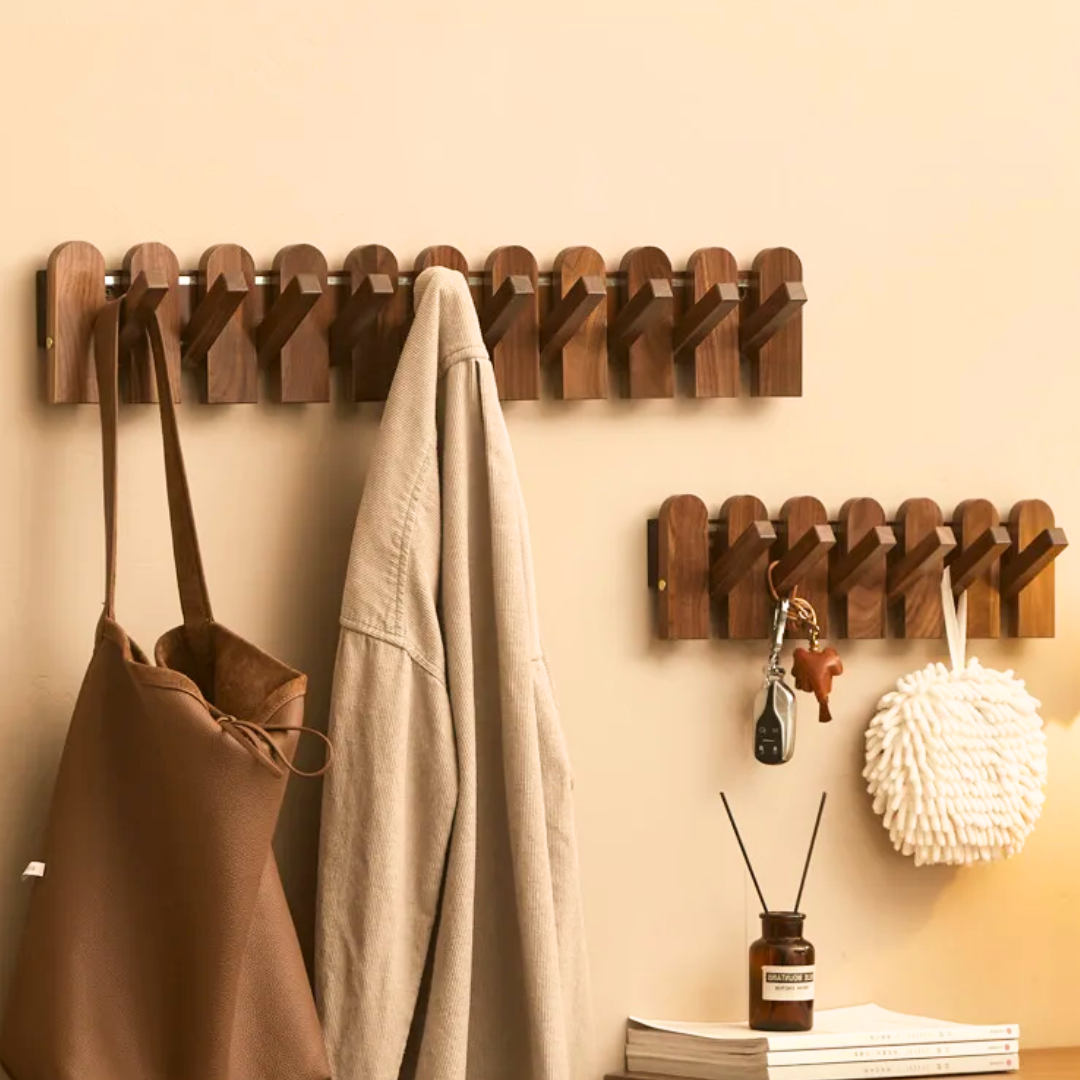 Walnut Wood Metal Rod Wall Hook Rack