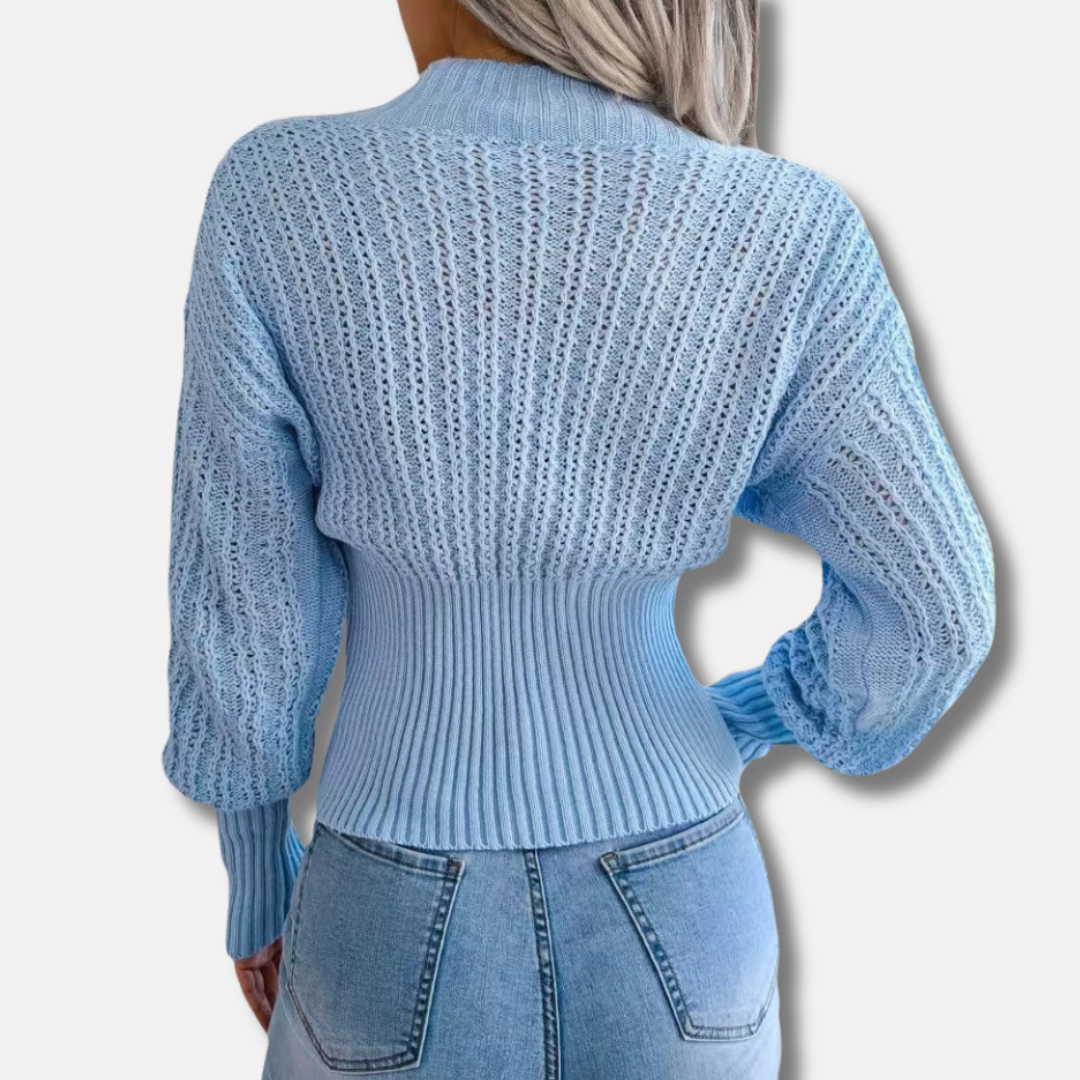 Women’s Knit Top – Deep V-Neck – Open-Knit Detail – Ribbed Waist – Slim Fit