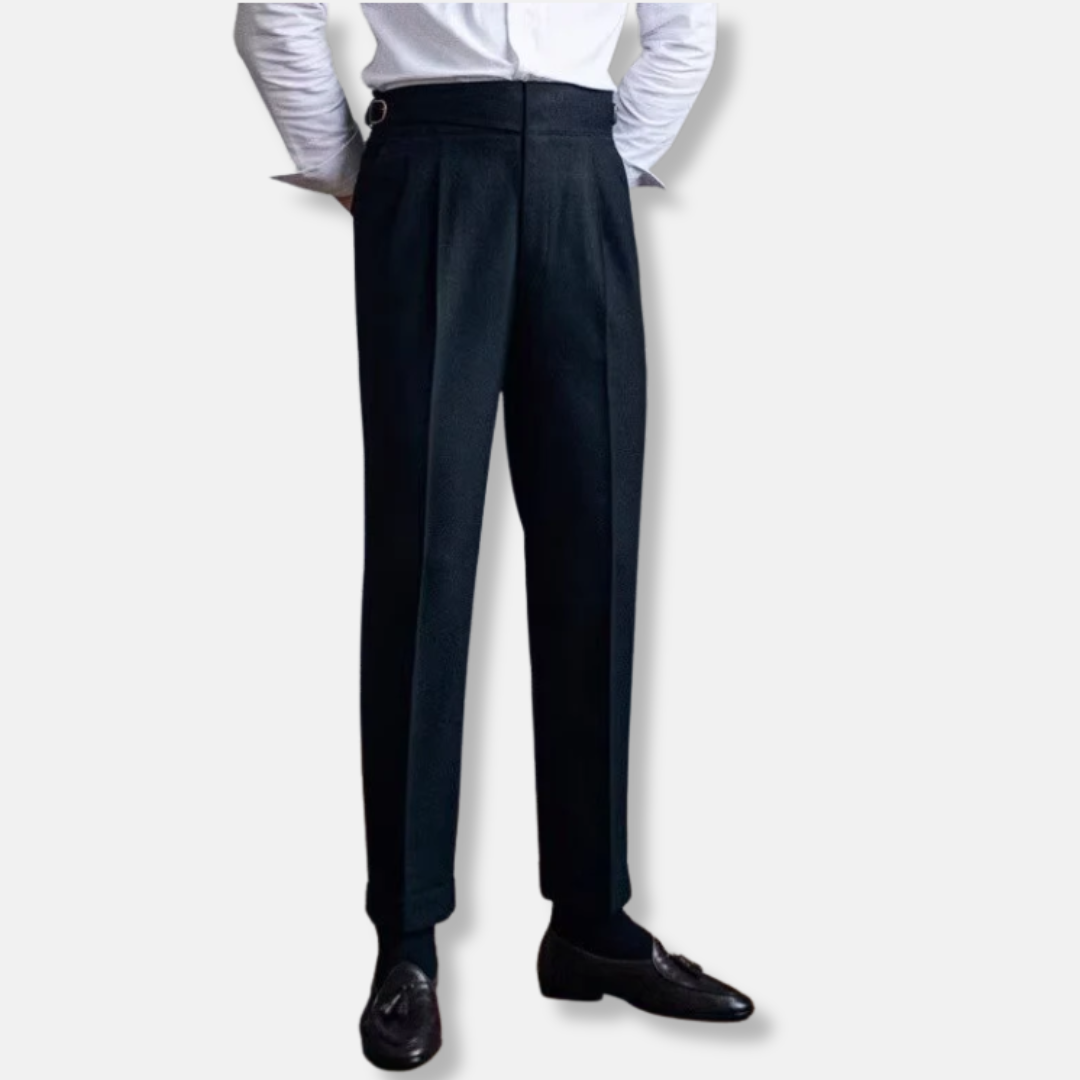 Men’s Trousers – Wool Blend – High Waist – Tailored Fit – Pleated Straight Leg