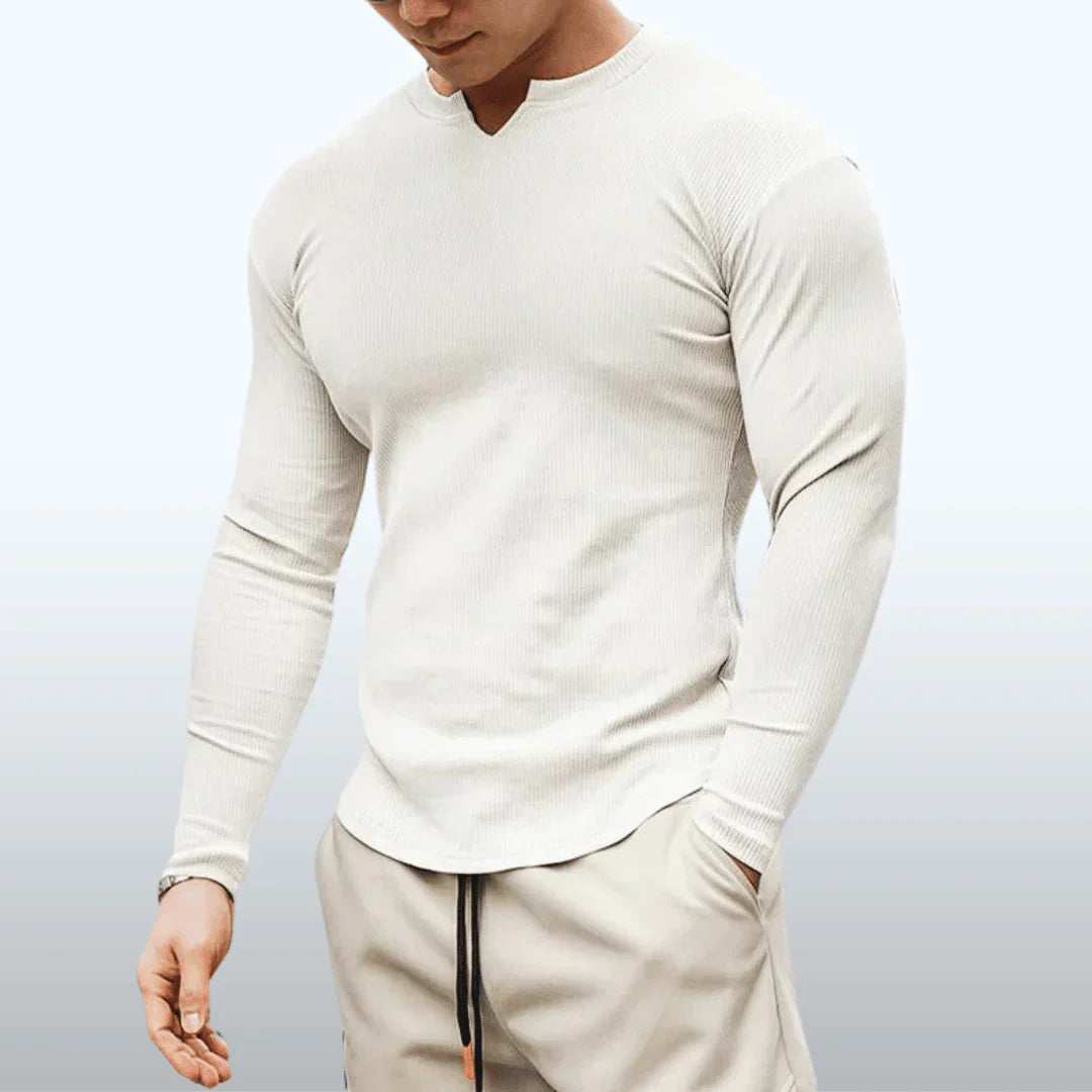 Men's ribbed V-neck long-sleeve tee for casual comfort