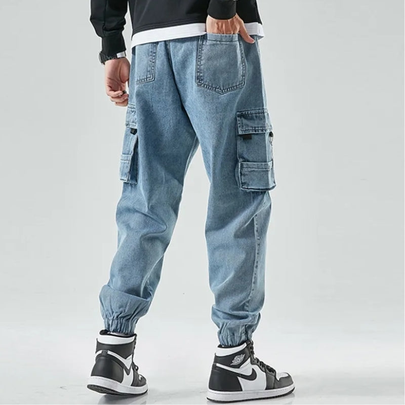 Men's denim cargo joggers with functional cargo pockets