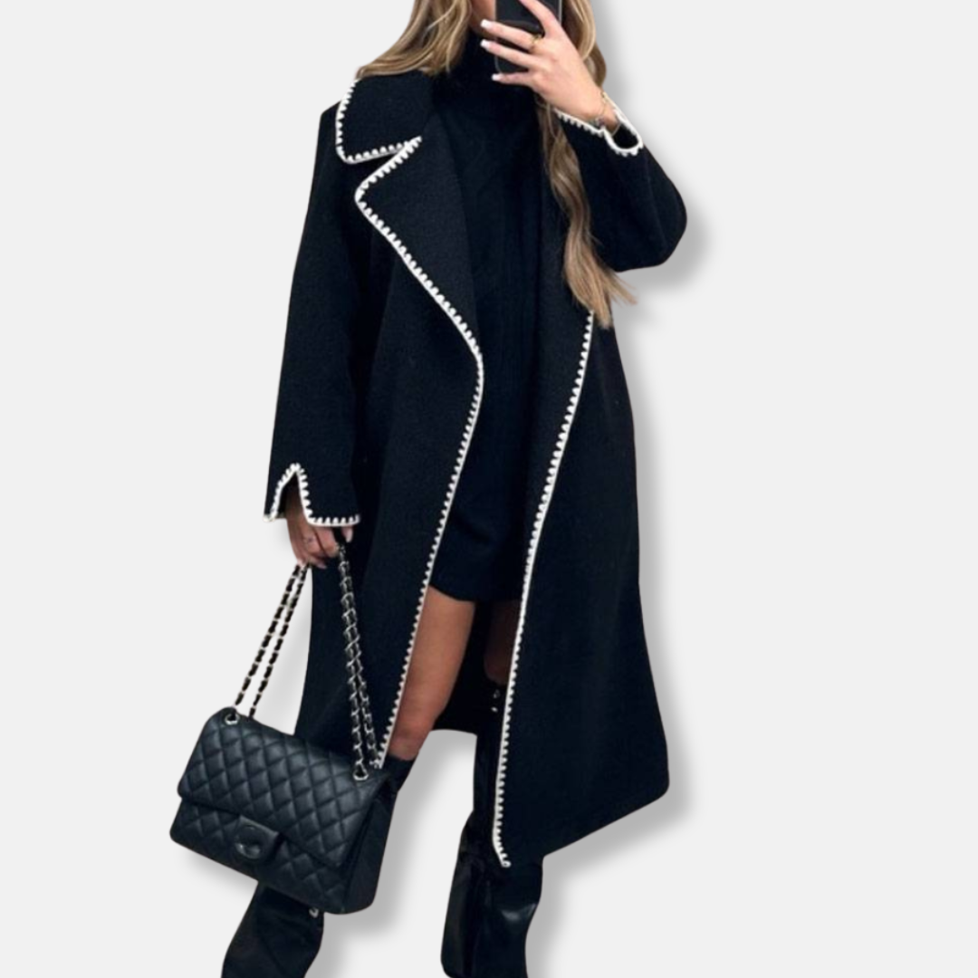 Women’s Coat - Wool Blend - Long Length - Notched Lapel - Contrast Scalloped Trim