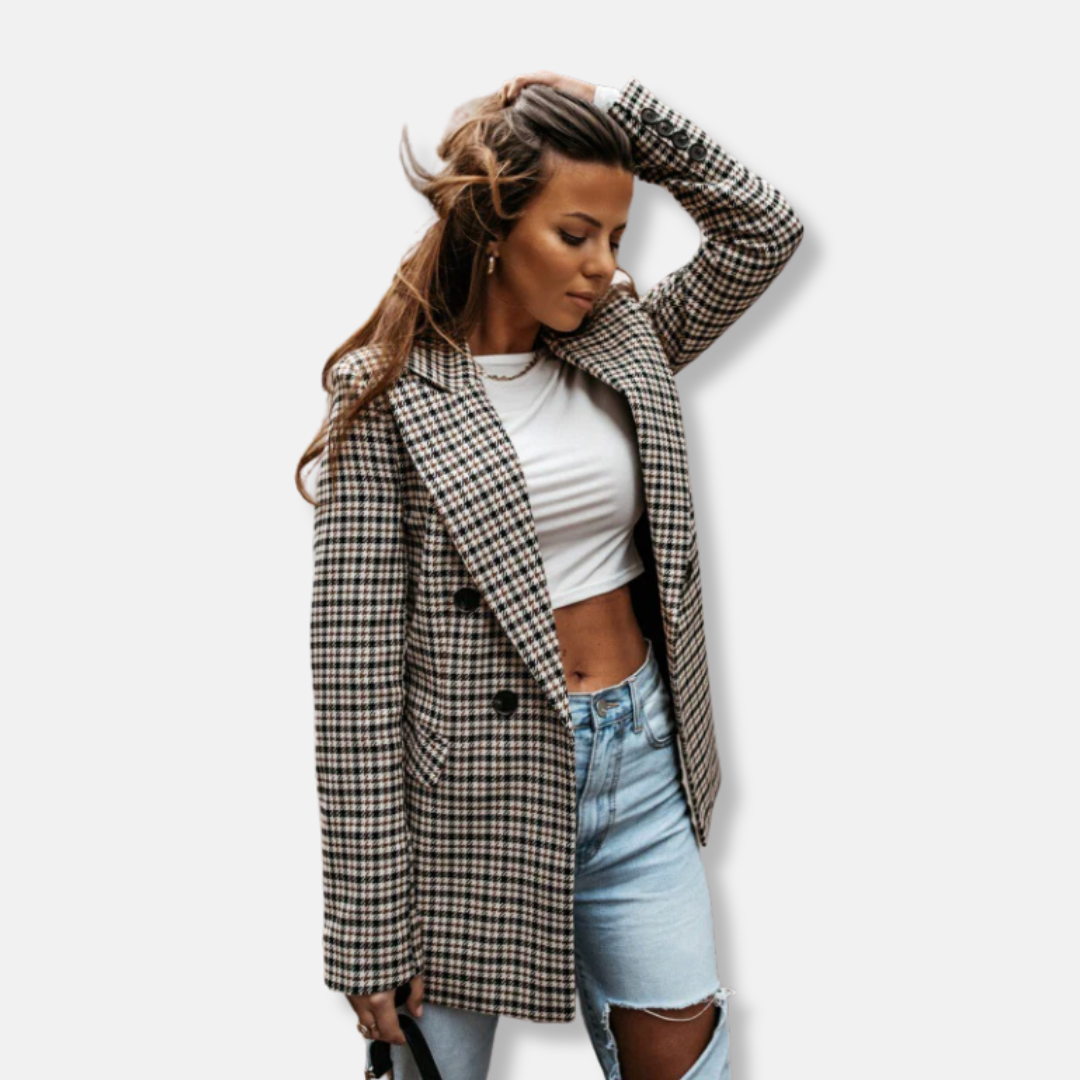 Women’s Blazer – Tailored Fit – Wool Blend – Houndstooth – Double-Breasted – Hip Length