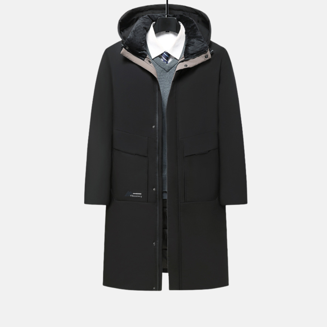 Men’s Long Coat – Regular Fit – Insulated Hood – Snap Closure – Patch Pockets