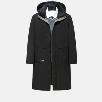 Men’s Long Coat – Regular Fit – Insulated Hood – Snap Closure – Patch Pockets