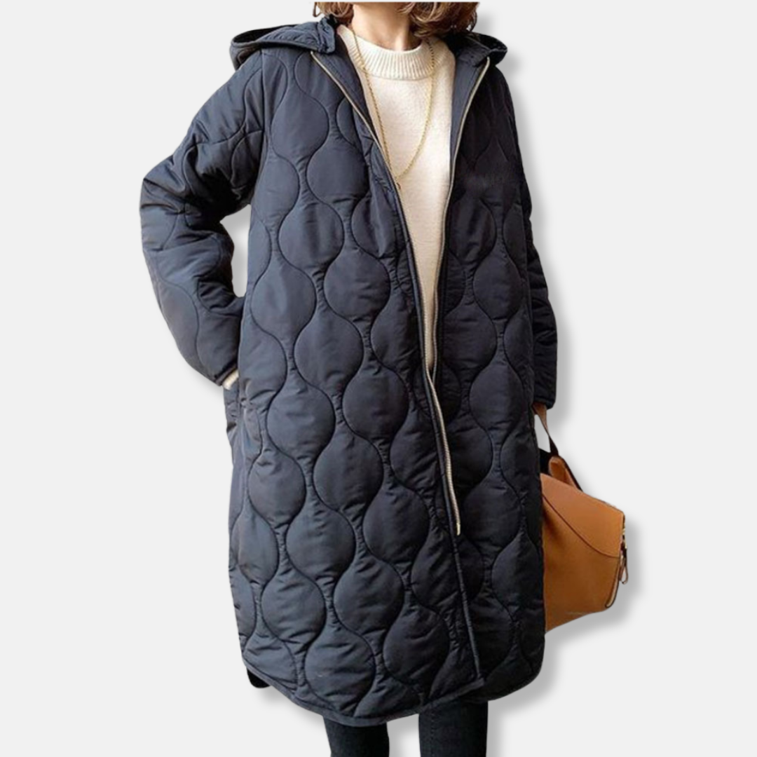 Women’s Quilted Jacket – Oversized Fit – Long Length – Hooded with Zip and Pockets