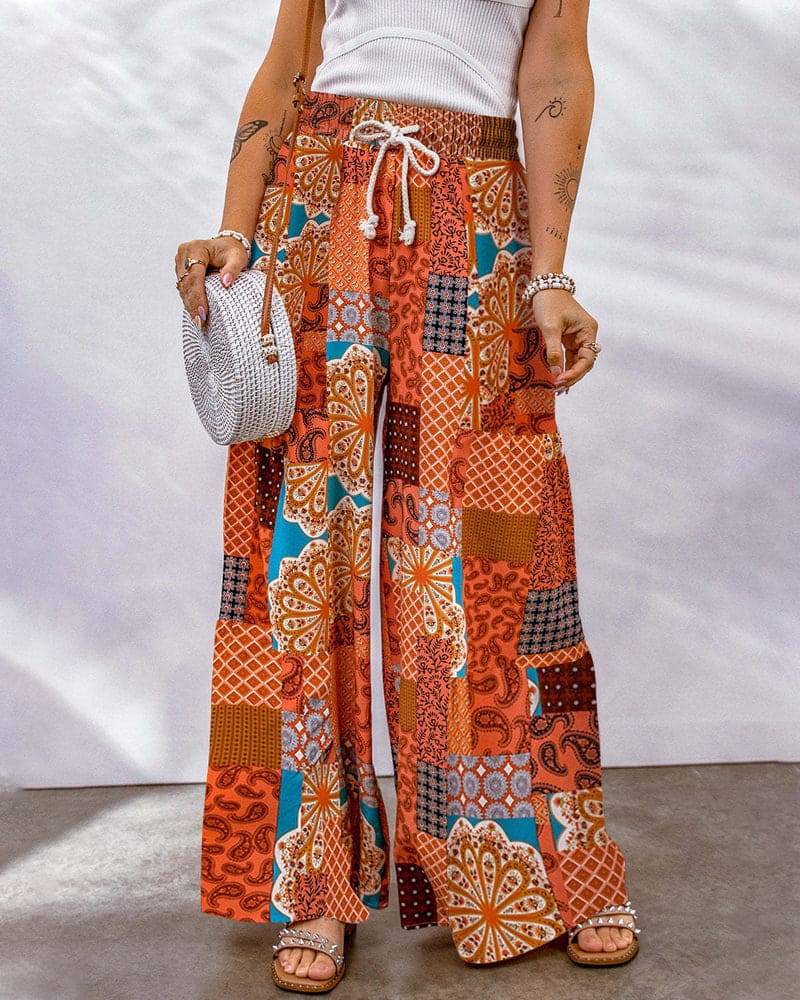 Women's Wide-Leg Pants - Bohemian Patchwork - Elastic Waist Drawstring - Lightweight