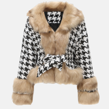 Women’s Short Coat – Houndstooth Pattern – Plush Fur Trim – Tailored Belted Fit